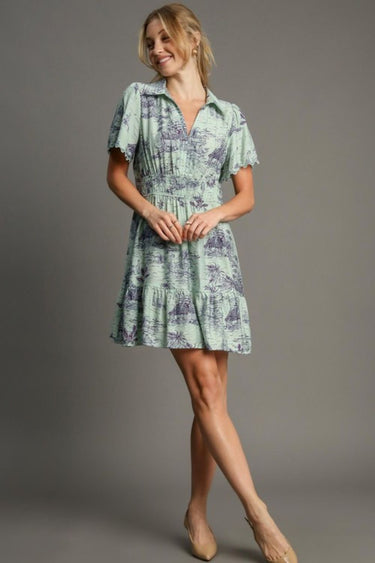 Umgee Full Size Landscape Print Collared Mini Dress Plus Size